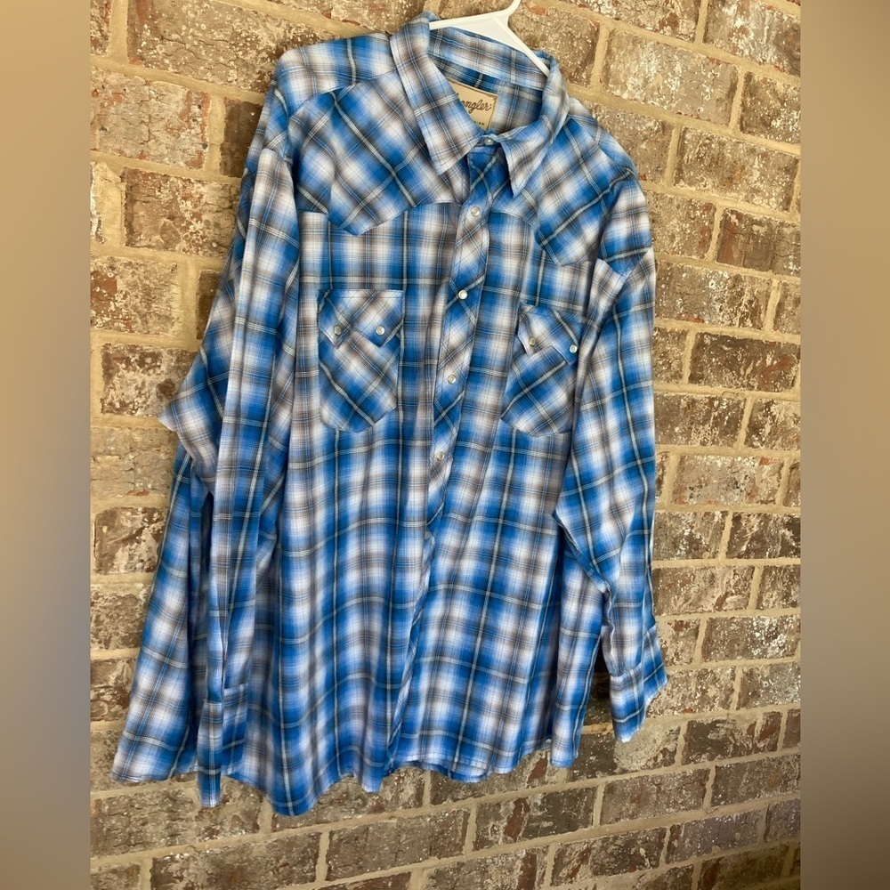 WRANGLER WESTERN LONG SLEEVE PLAID Blue MEN SIZE XXXL 3XL Pearl Snap Cowboy - Picture 2 of 13